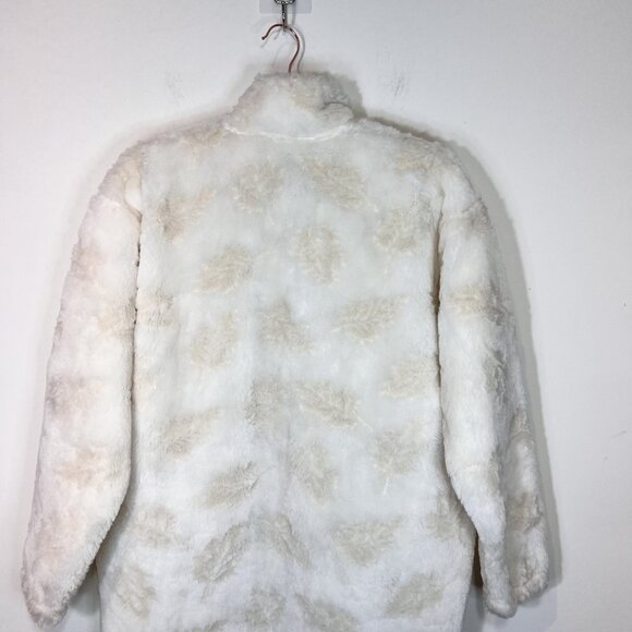 Fuzzy Sherpa Jacket Cream & Beige Leaf Pattern Cozy Full Zip Warm Coat - Picture 8 of 12